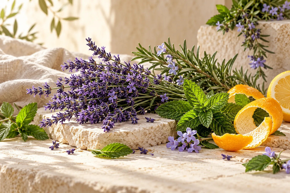 Lavanda, folhas aromáticas e cítricos