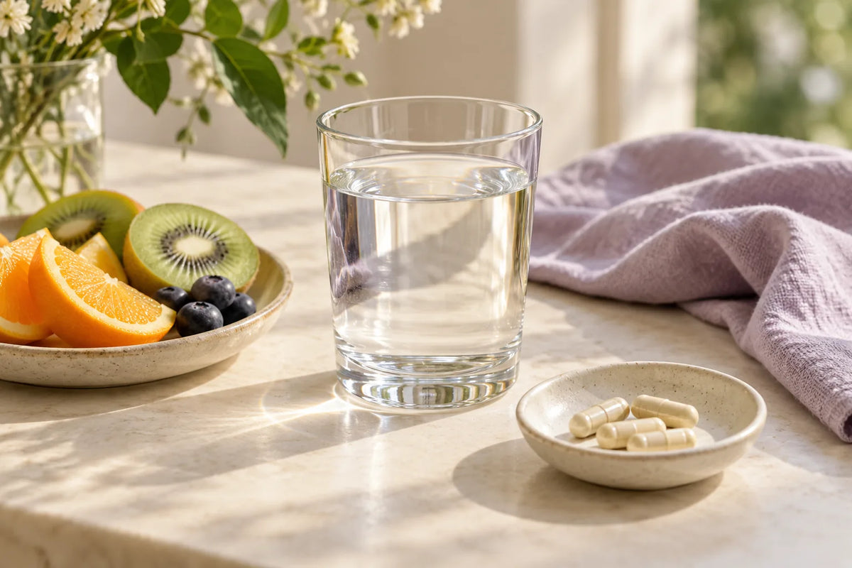Rotina de bem-estar com água, frutas e suplementos sem marca