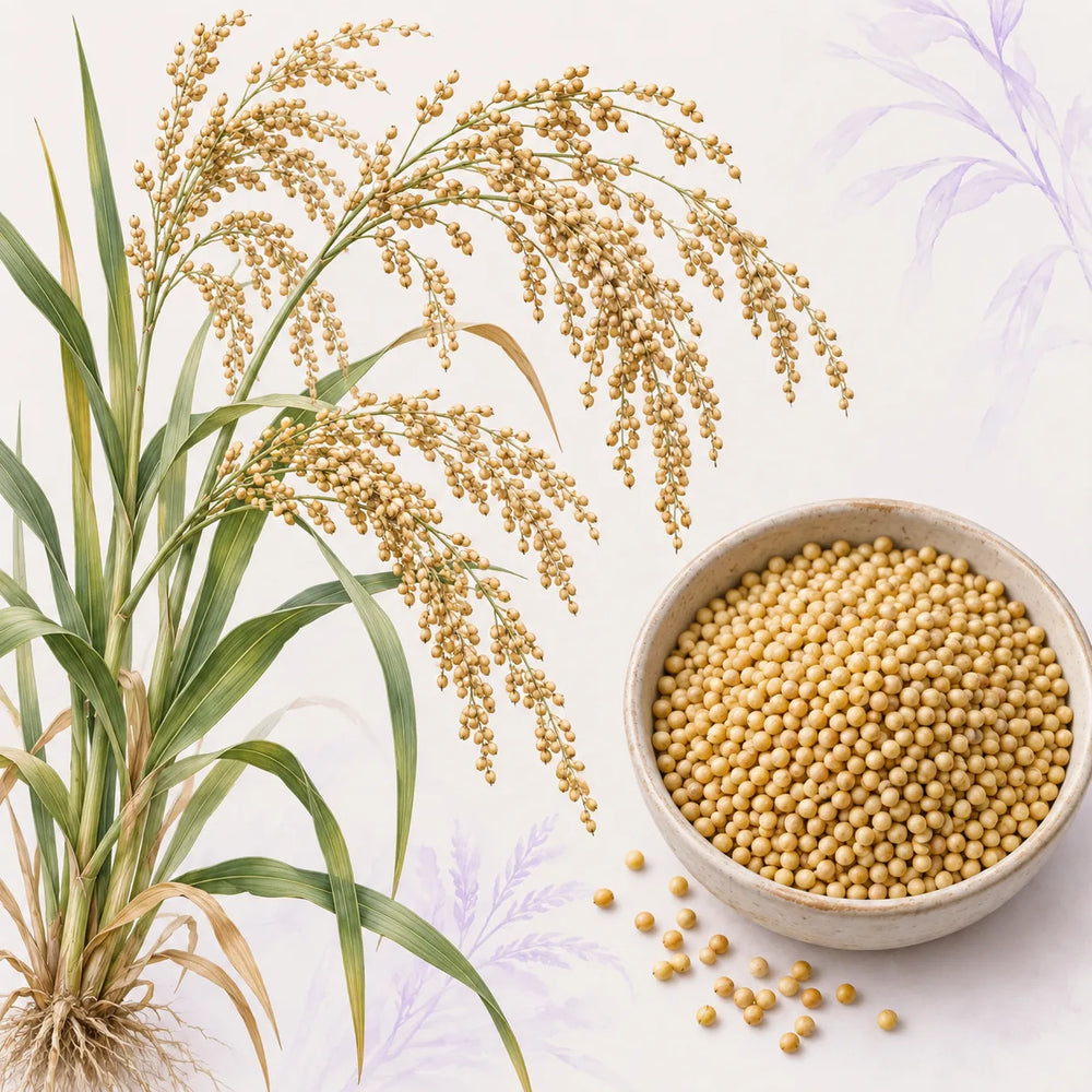 Ilustração do milhete Panicum miliaceum e de suas sementes